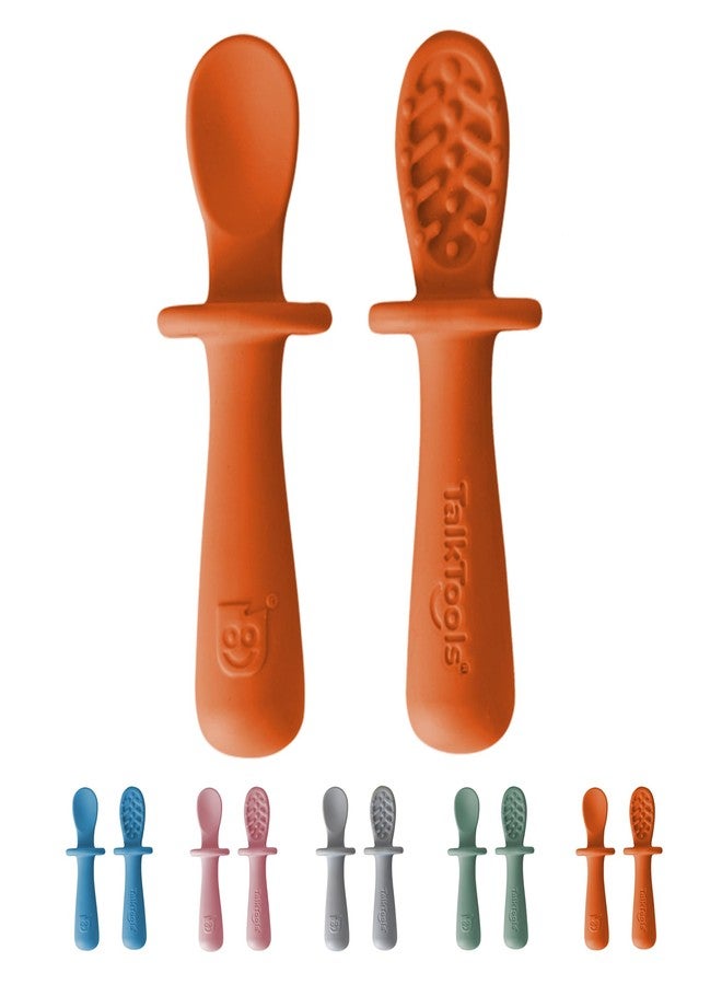 TalkTools ITSY Tiny Silicone Spoons – Twin Pack Soft Silicone Self-Feeding Training Spoons for Kids & Toddlers, Anti-Choking Flange Guard and Non-Slip Handle (Tangerine) - Image 1